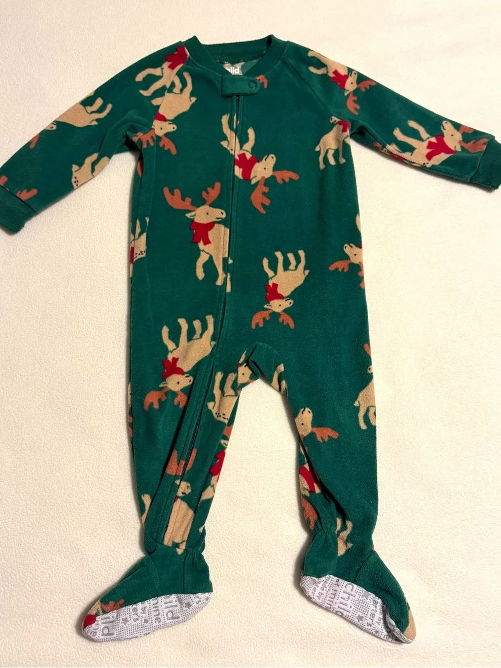 Carter’s 12M Fleece Footed PJs Winter Set of 3 Buffalo Plaid Moose Bear Winter